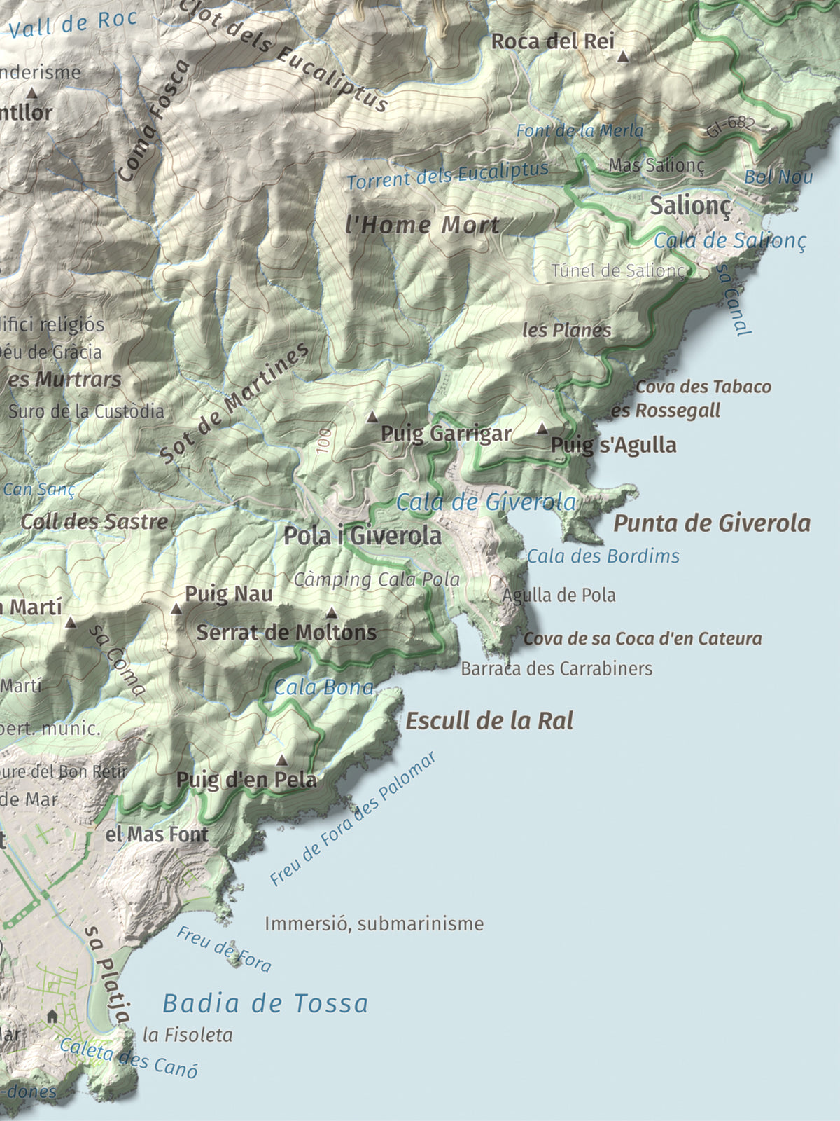 Mapa de relieve de Puig Cadiretes, 519 m, Gironès · Selva, lámina 100 Cims de Trobart. Detalle de la zona inferior derecha. 30 × 40 cm.