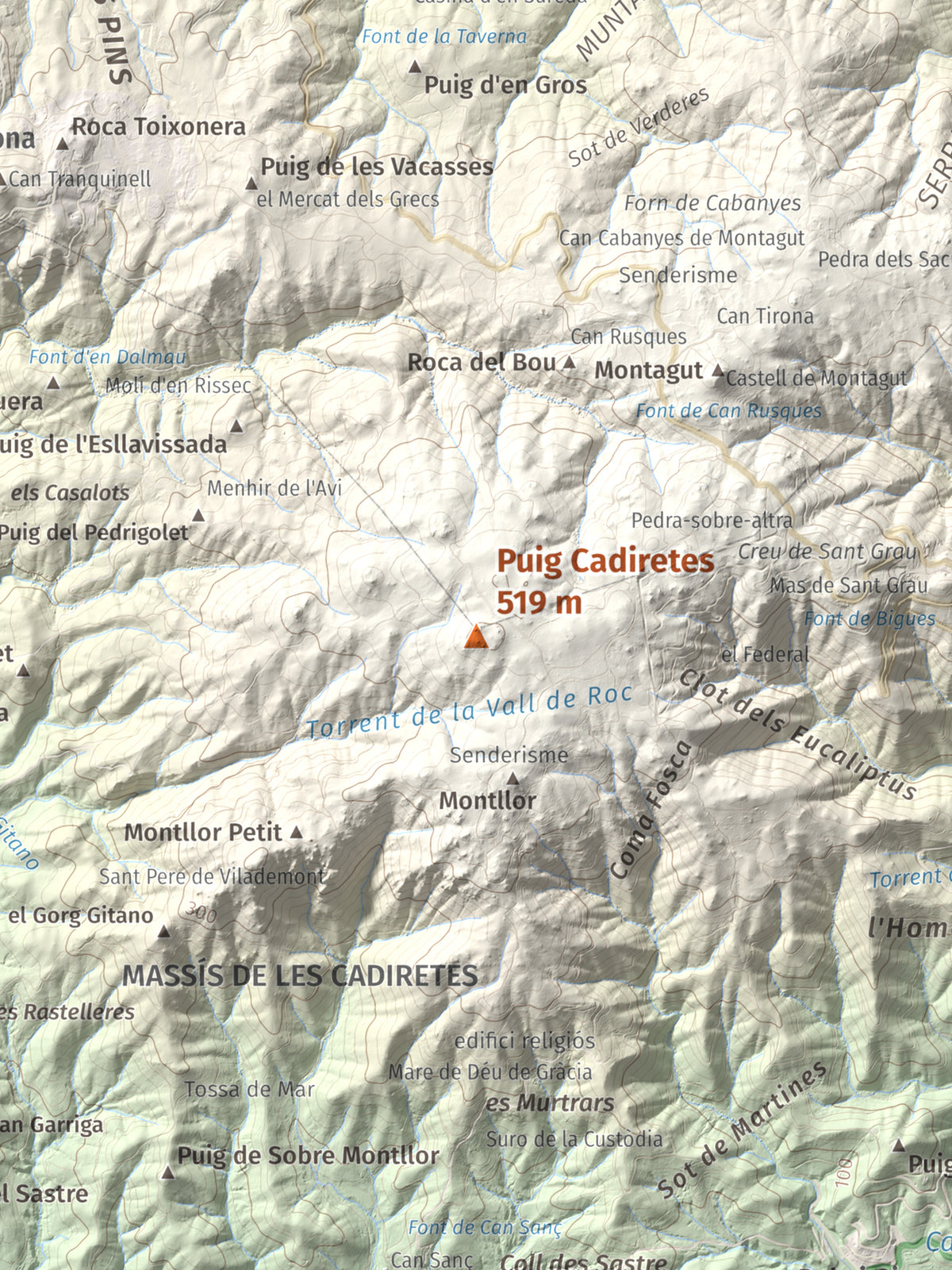 Mapa de relieve de Puig Cadiretes, 519 m, Gironès · Selva, lámina 100 Cims de Trobart. Detalle de la zona central. 30 × 40 cm.