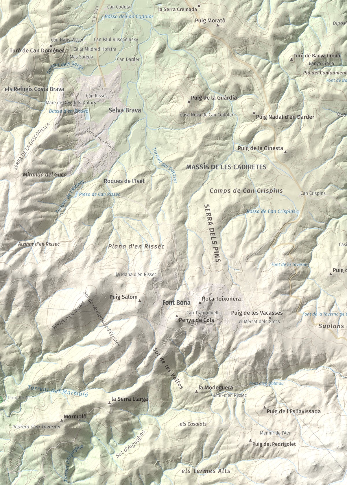 Mapa de relieve de Puig Cadiretes, 519 m, Gironès · Selva, lámina 100 Cims de Trobart. Detalle de la zona superior izquierda. 50 × 70 cm.