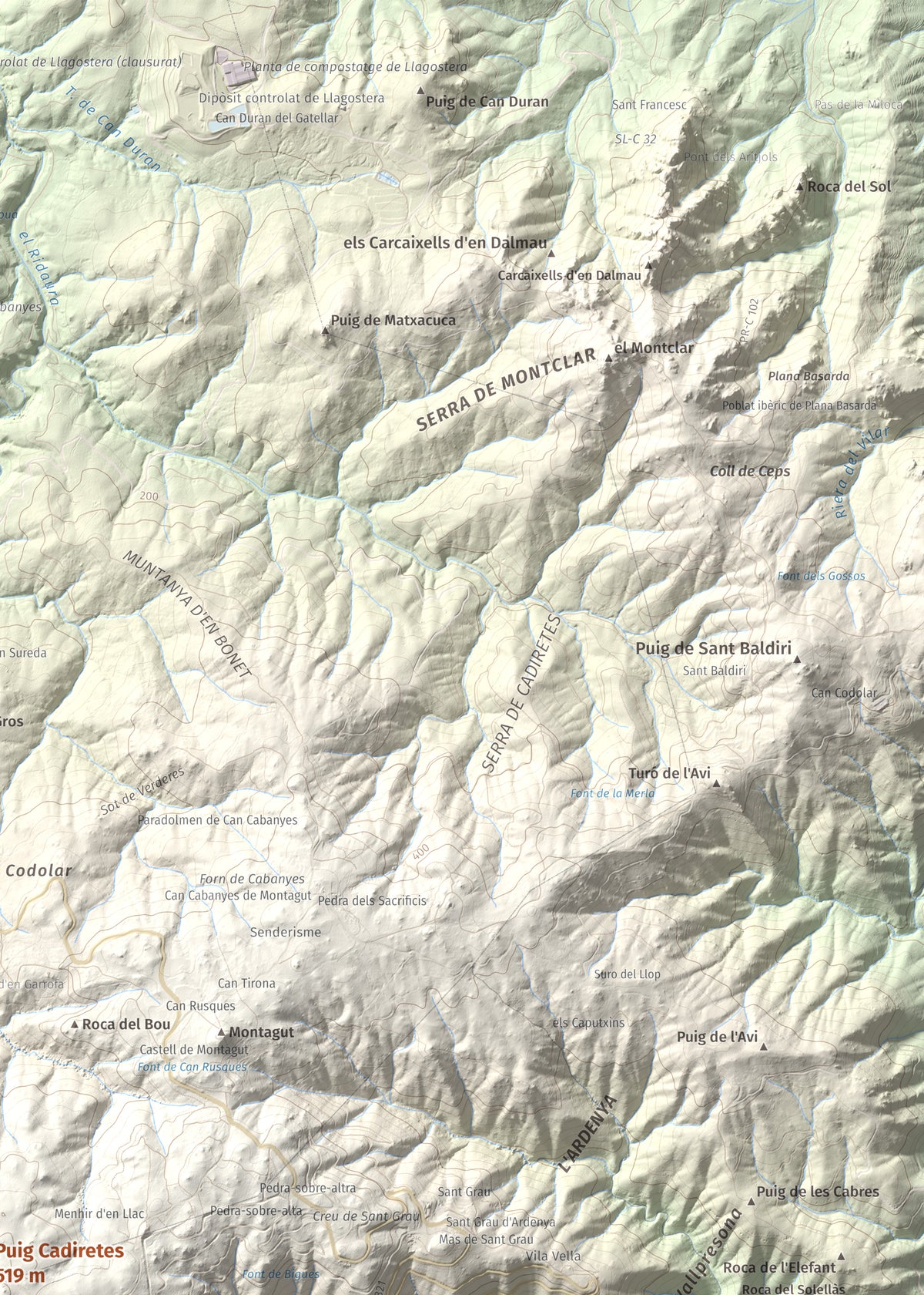 Mapa de relieve de Puig Cadiretes, 519 m, Gironès · Selva, lámina 100 Cims de Trobart. Detalle de la zona superior derecha. 50 × 70 cm.