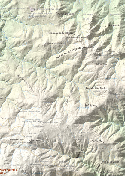 Mapa de relieve de Puig Cadiretes, 519 m, Gironès · Selva, lámina 100 Cims de Trobart. Detalle de la zona superior derecha. 50 × 70 cm.