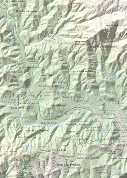 Mapa de relieve de Puig Cadiretes, 519 m, Gironès · Selva, lámina 100 Cims de Trobart. Detalle de la zona inferior izquierda. 50 × 70 cm.