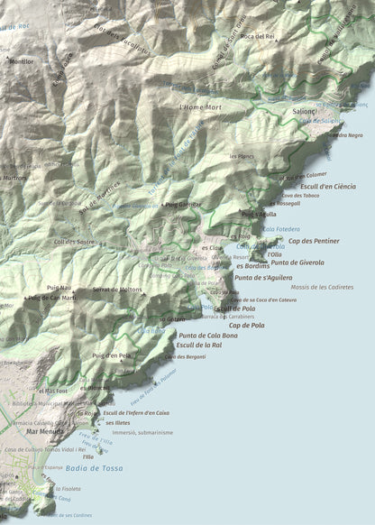 Mapa de relieve de Puig Cadiretes, 519 m, Gironès · Selva, lámina 100 Cims de Trobart. Detalle de la zona inferior derecha. 50 × 70 cm.