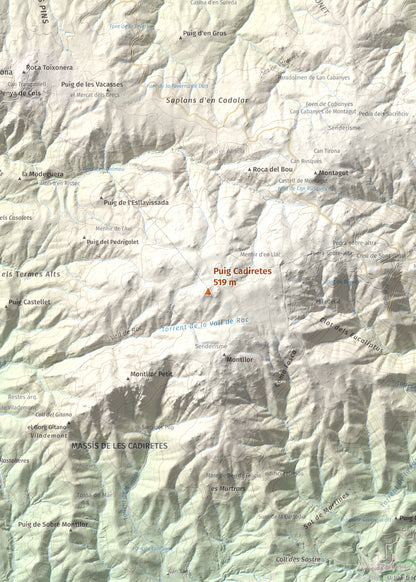 Mapa de relieve de Puig Cadiretes, 519 m, Gironès · Selva, lámina 100 Cims de Trobart. Detalle de la zona central. 50 × 70 cm.