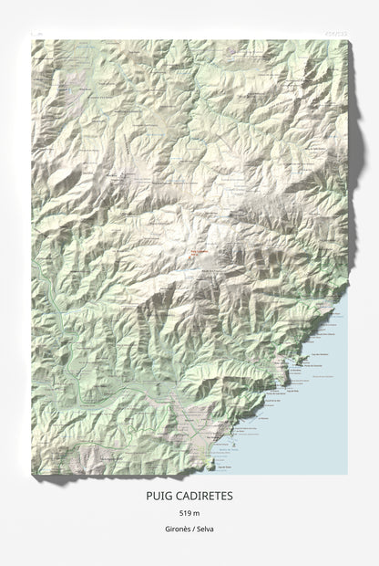 Mapa de relieve de Puig Cadiretes, 519 m, Gironès · Selva, lámina 100 Cims de Trobart 61 × 91 cm.