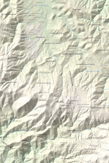 Mapa de relieve de Puig Cadiretes, 519 m, Gironès · Selva, lámina 100 Cims de Trobart. Detalle de la zona superior izquierda. 61 × 91 cm.