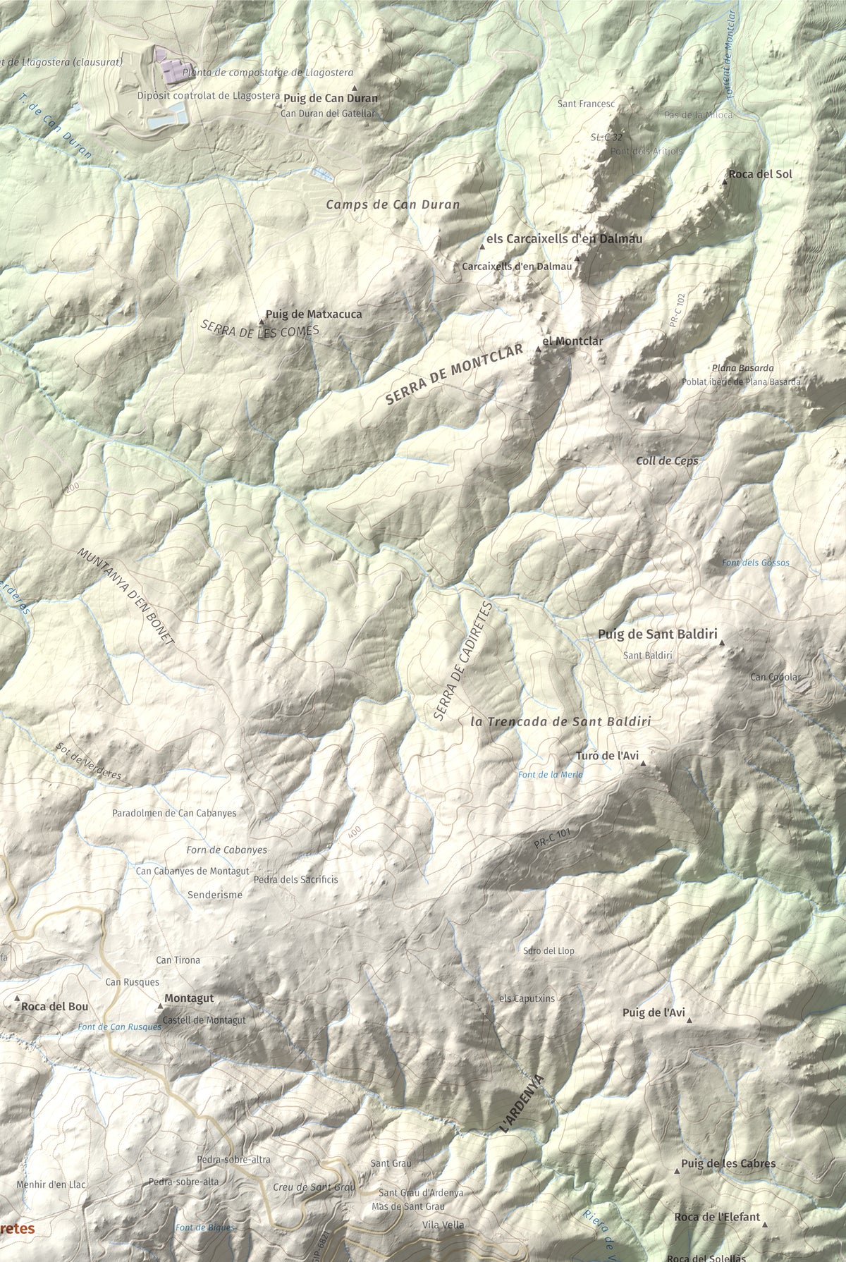 Mapa de relieve de Puig Cadiretes, 519 m, Gironès · Selva, lámina 100 Cims de Trobart. Detalle de la zona superior derecha. 61 × 91 cm.