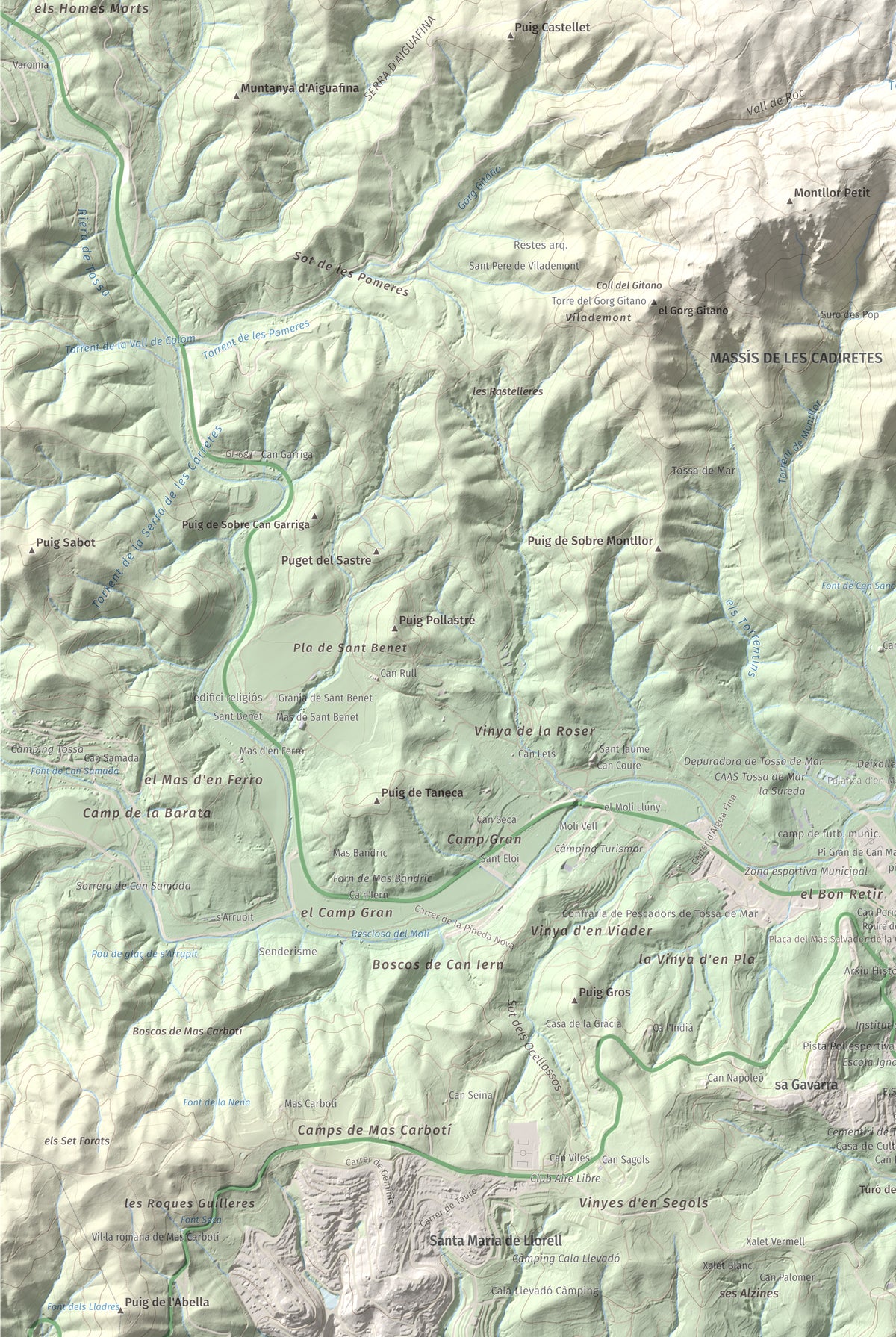 Mapa de relieve de Puig Cadiretes, 519 m, Gironès · Selva, lámina 100 Cims de Trobart. Detalle de la zona inferior izquierda. 61 × 91 cm.