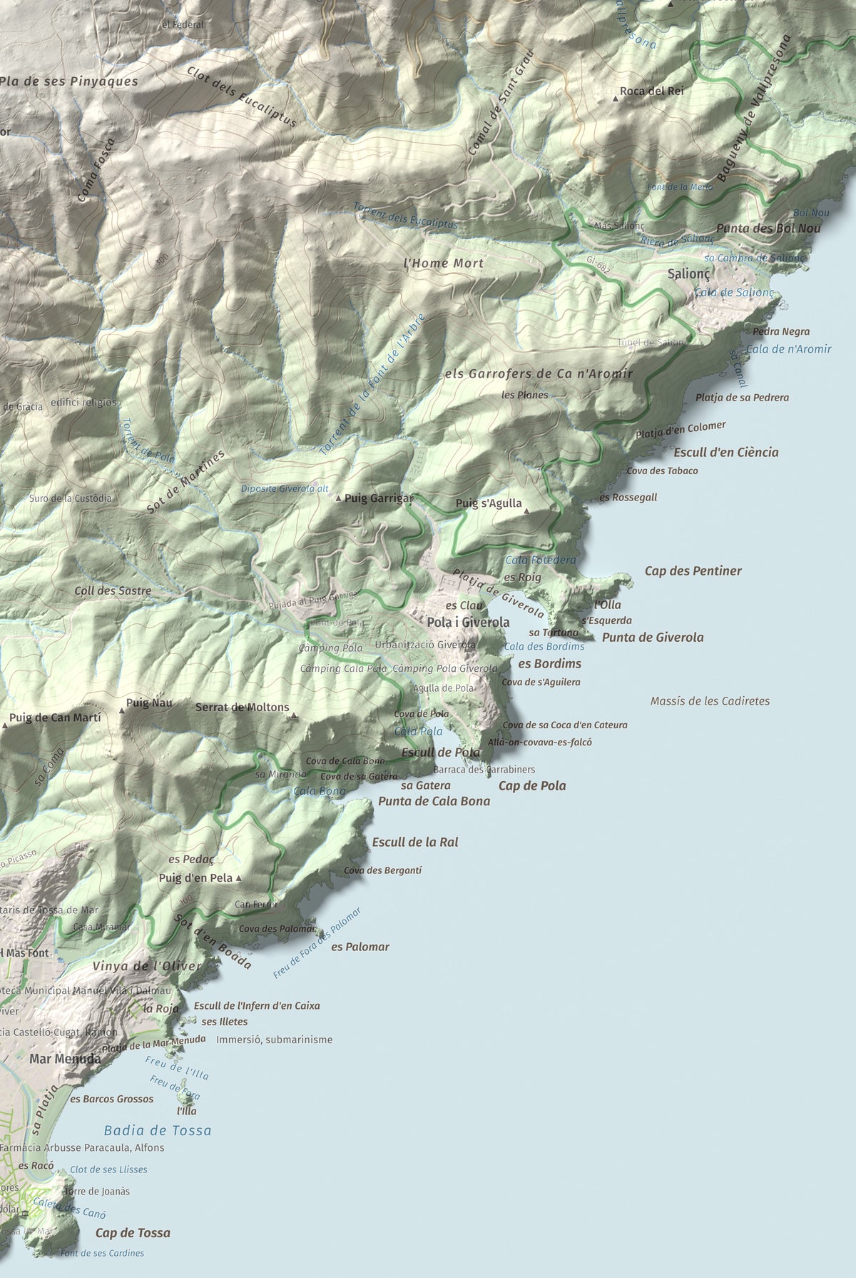 Mapa de relieve de Puig Cadiretes, 519 m, Gironès · Selva, lámina 100 Cims de Trobart. Detalle de la zona inferior derecha. 61 × 91 cm.