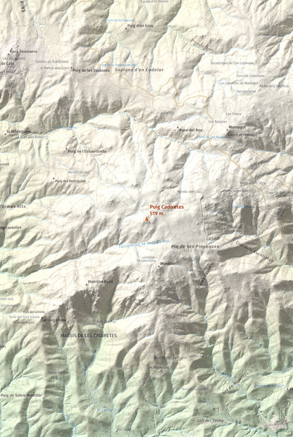 Mapa de relieve de Puig Cadiretes, 519 m, Gironès · Selva, lámina 100 Cims de Trobart. Detalle de la zona central. 61 × 91 cm.