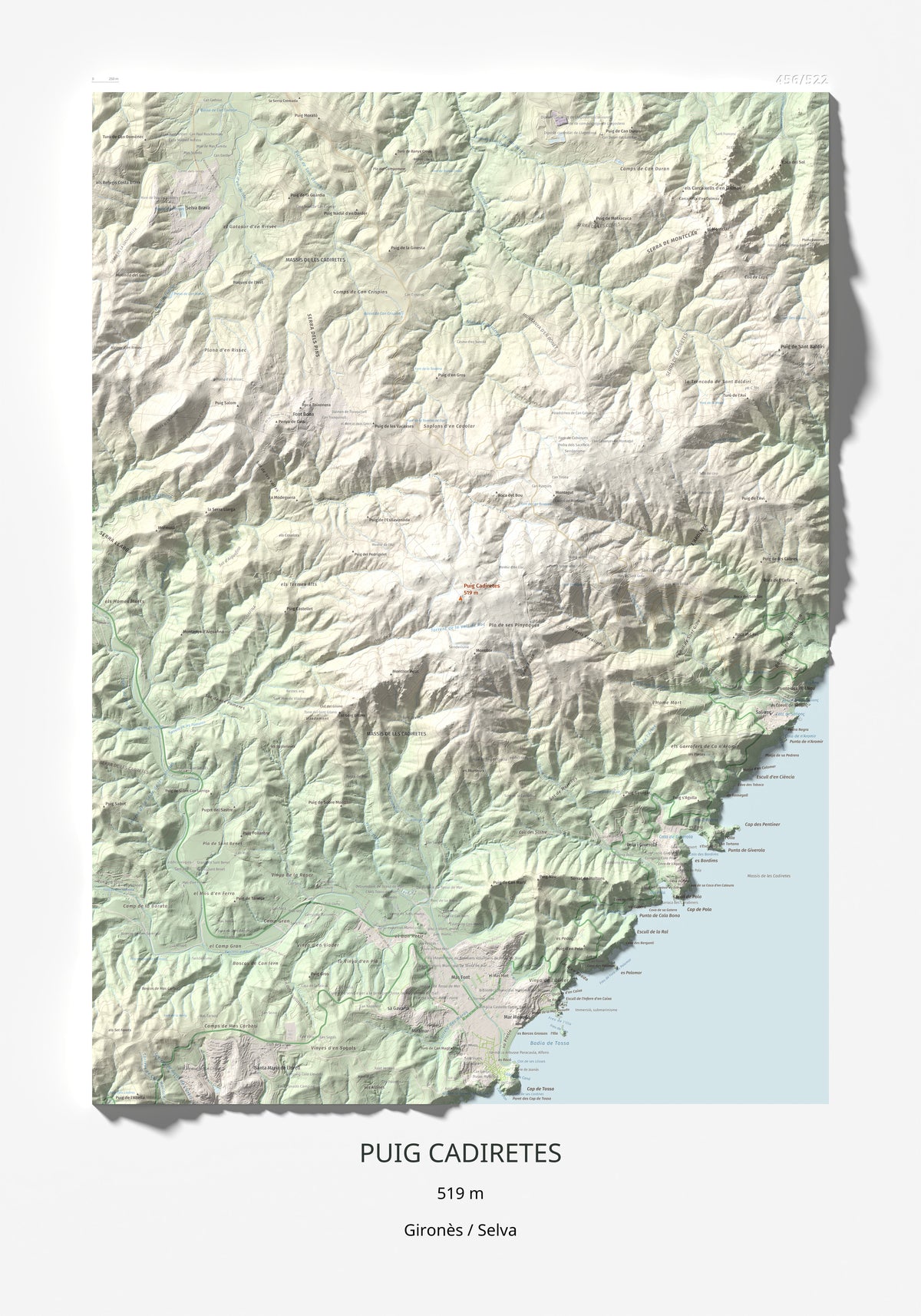 Mapa de relieve de Puig Cadiretes, 519 m, Gironès · Selva, lámina 100 Cims de Trobart 70 × 100 cm.