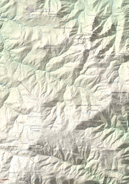Mapa de relieve de Puig Cadiretes, 519 m, Gironès · Selva, lámina 100 Cims de Trobart. Detalle de la zona superior derecha. 70 × 100 cm.