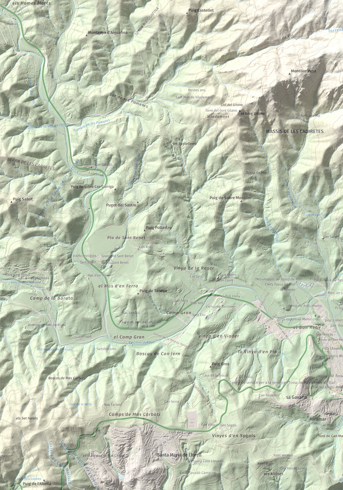 Mapa de relieve de Puig Cadiretes, 519 m, Gironès · Selva, lámina 100 Cims de Trobart. Detalle de la zona inferior izquierda. 70 × 100 cm.