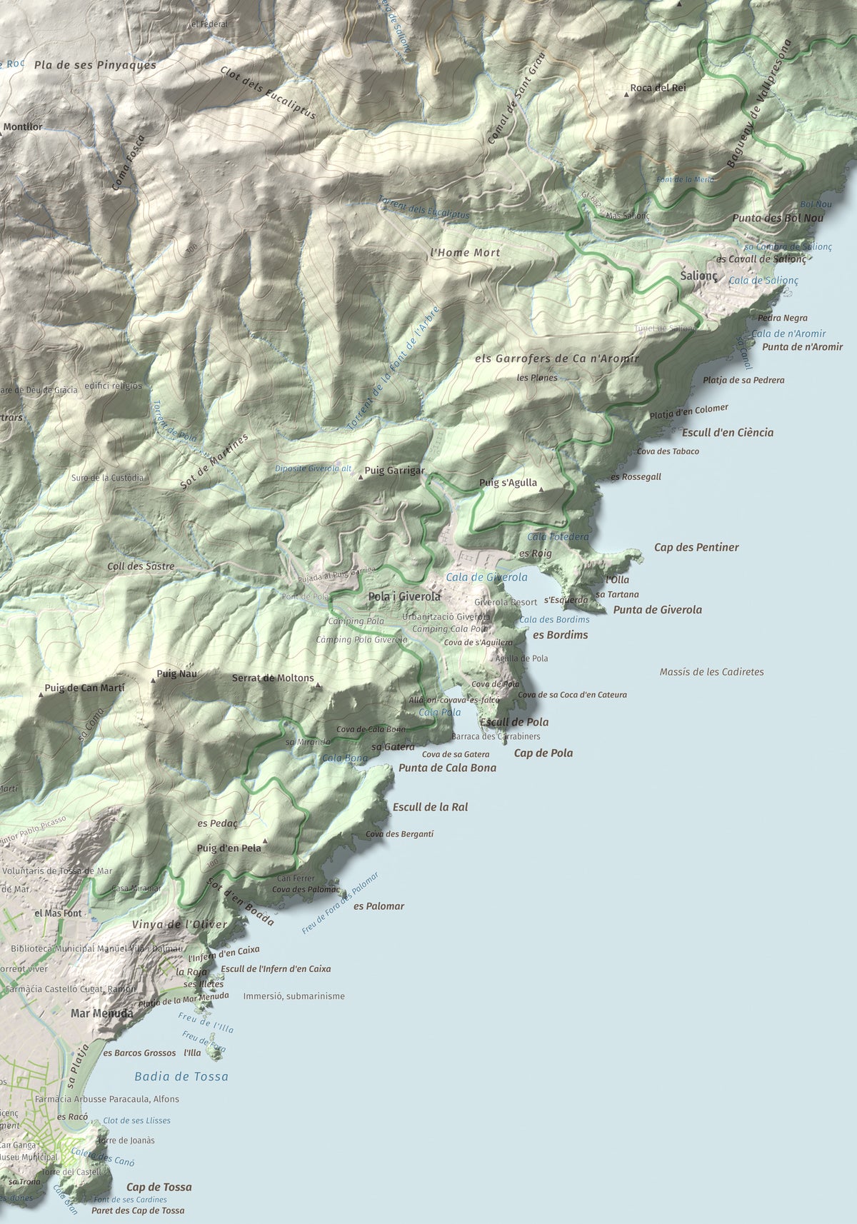Mapa de relieve de Puig Cadiretes, 519 m, Gironès · Selva, lámina 100 Cims de Trobart. Detalle de la zona inferior derecha. 70 × 100 cm.