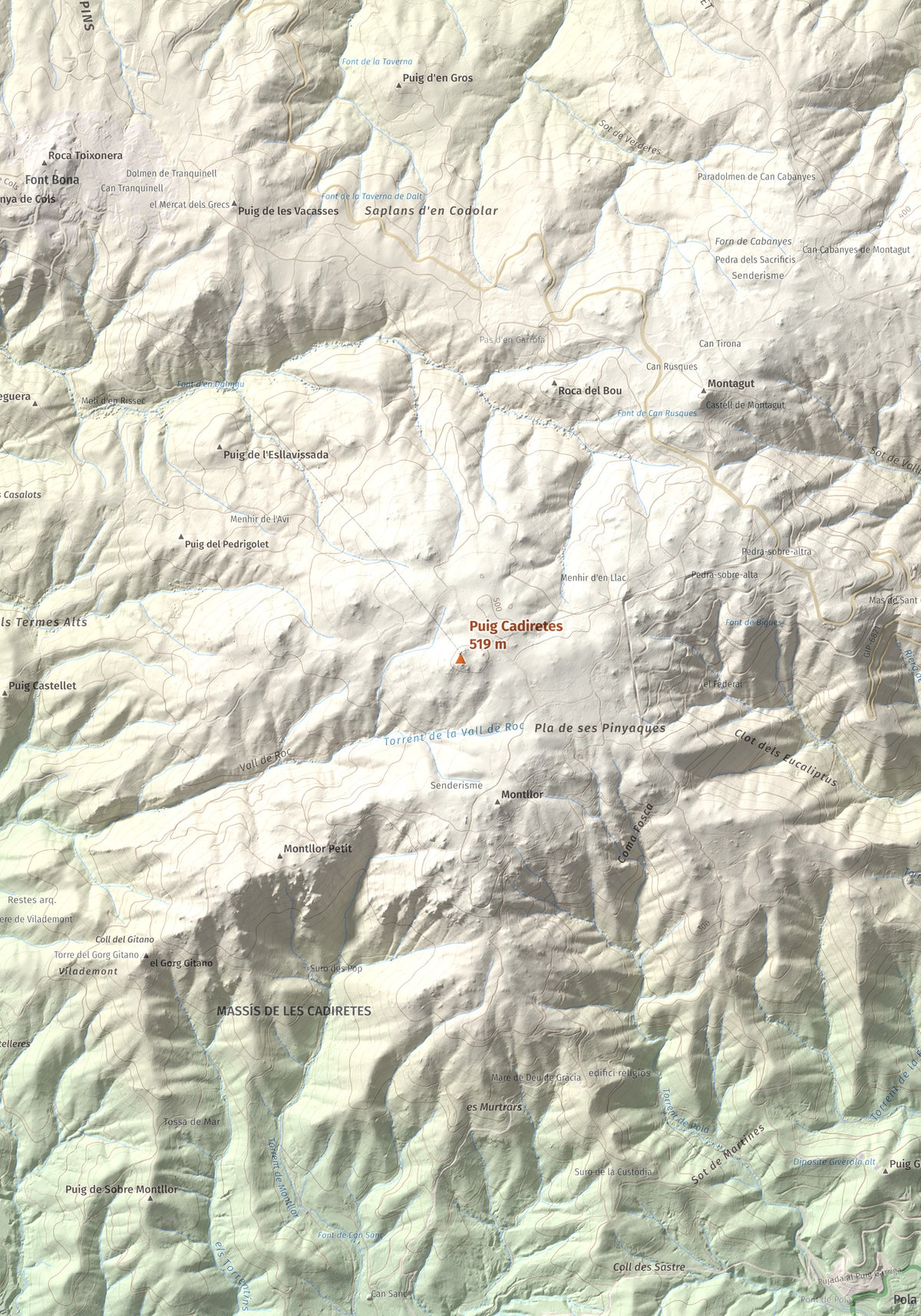 Mapa de relieve de Puig Cadiretes, 519 m, Gironès · Selva, lámina 100 Cims de Trobart. Detalle de la zona central. 70 × 100 cm.