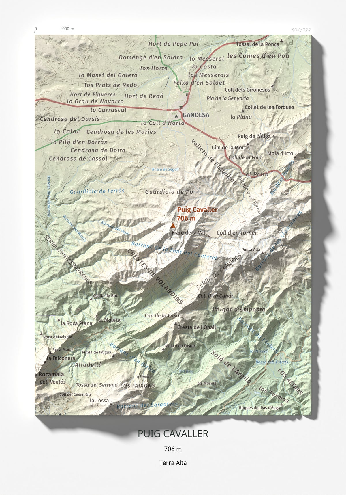 Mapa topográfico del relieve: Puig Cavaller, 706 m. Lámina completa. 21 × 30 cm.