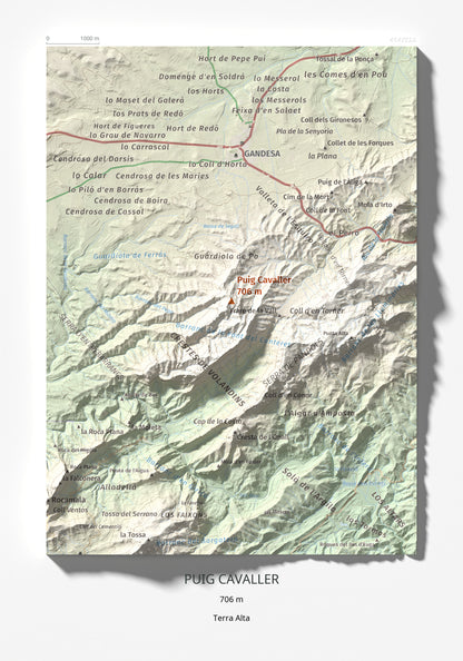 Mapa topográfico del relieve: Puig Cavaller, 706 m. Lámina completa. 21 × 30 cm.