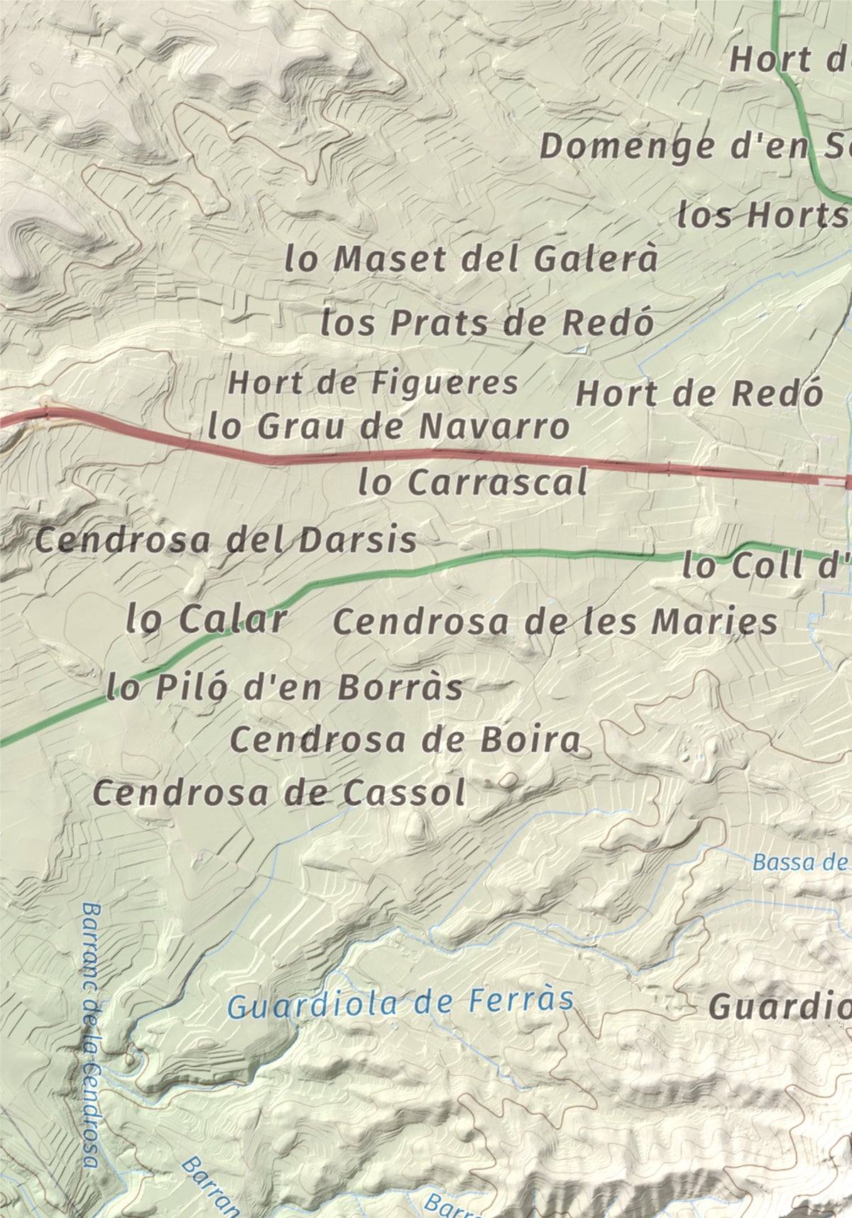 Mapa topográfico del relieve: Puig Cavaller, 706 m. Detalle de la zona superior izquierda. 21 × 30 cm.