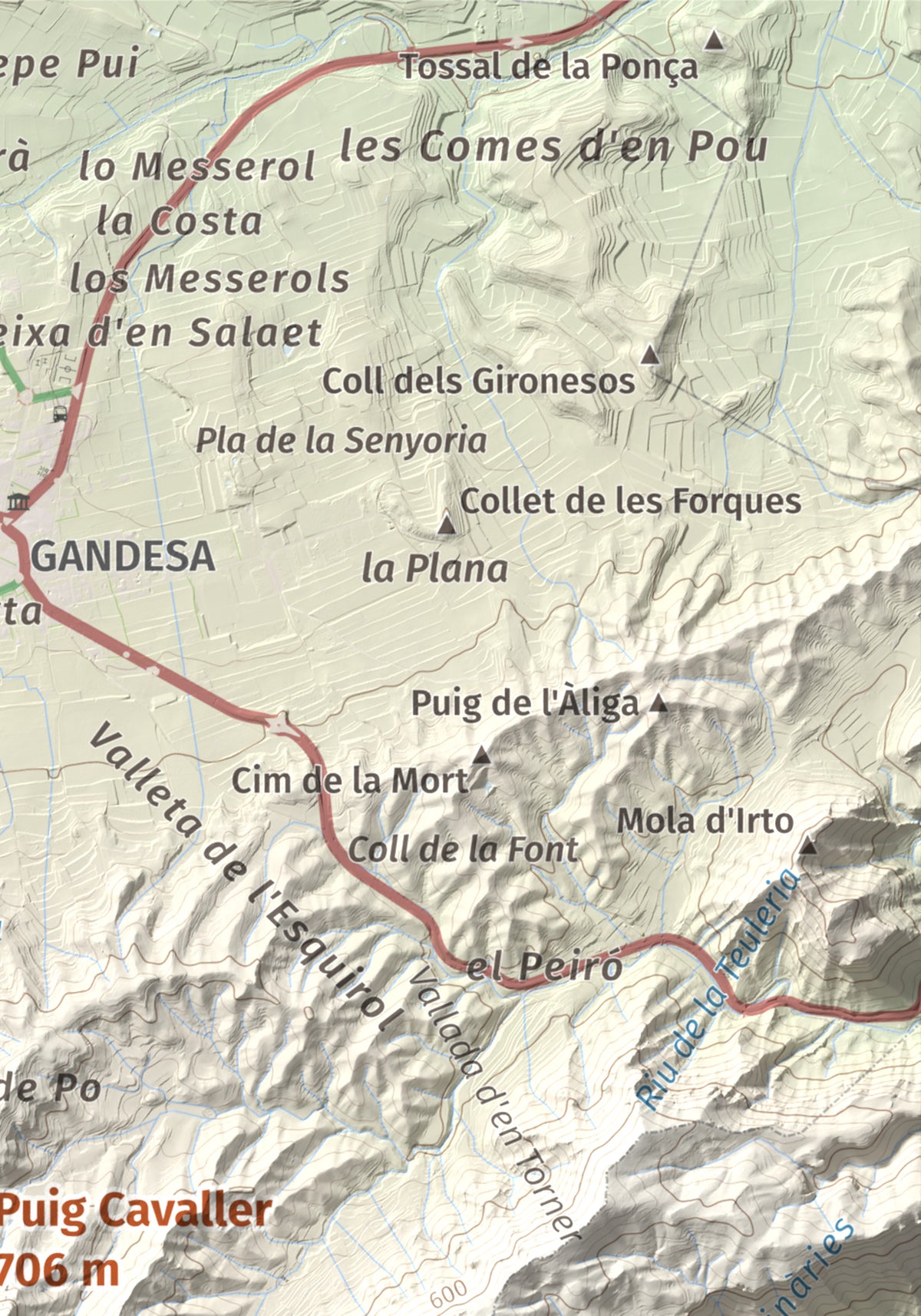 Mapa topográfico del relieve: Puig Cavaller, 706 m. Detalle de la zona superior derecha. 21 × 30 cm.