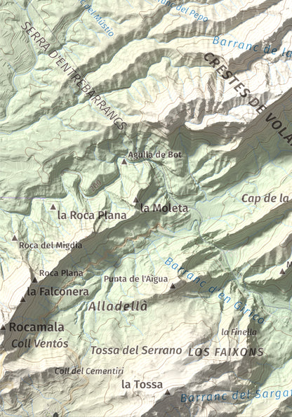 Mapa topográfico del relieve: Puig Cavaller, 706 m. Detalle de la zona inferior izquierda. 21 × 30 cm.
