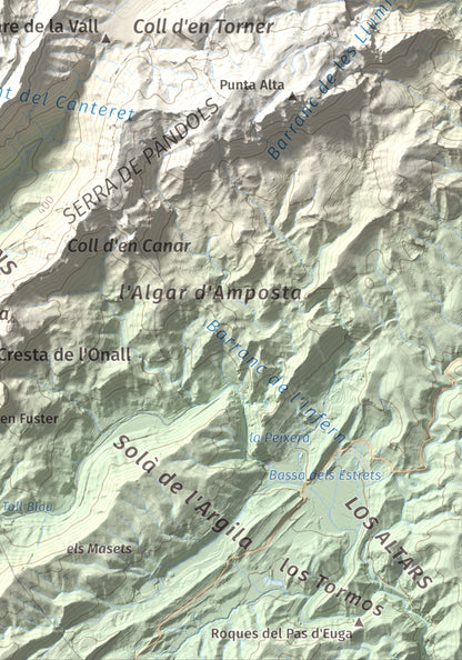 Mapa topográfico del relieve: Puig Cavaller, 706 m. Detalle de la zona inferior derecha. 21 × 30 cm.