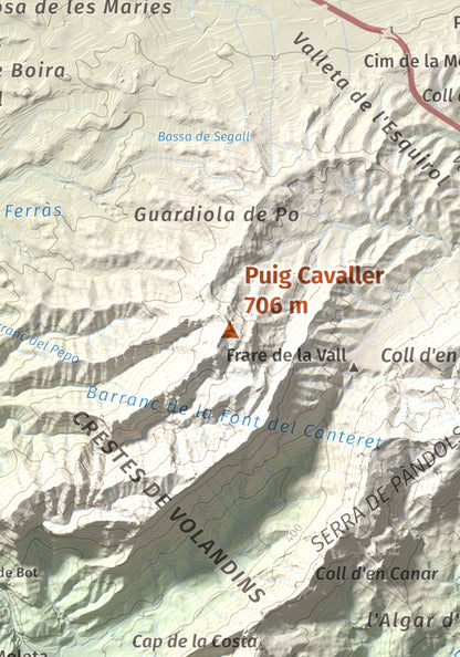 Mapa topográfico del relieve: Puig Cavaller, 706 m. Detalle de la zona central. 21 × 30 cm.