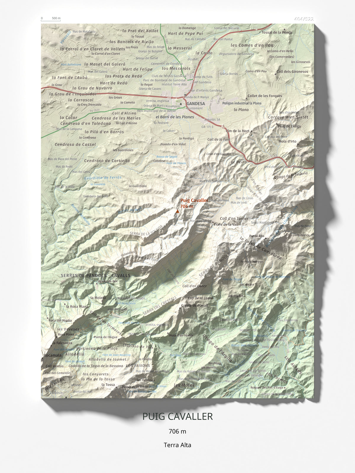 Mapa topográfico del relieve: Puig Cavaller, 706 m. Lámina completa. 30 × 40 cm.