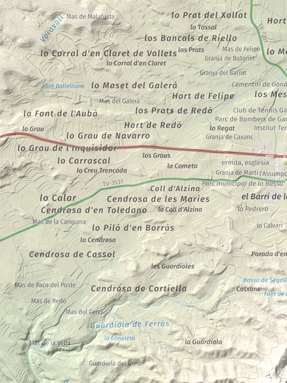 Mapa topográfico del relieve: Puig Cavaller, 706 m. Detalle de la zona superior izquierda. 30 × 40 cm.