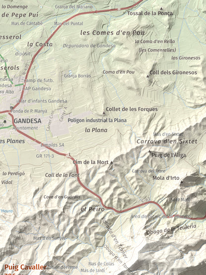 Mapa topográfico del relieve: Puig Cavaller, 706 m. Detalle de la zona superior derecha. 30 × 40 cm.