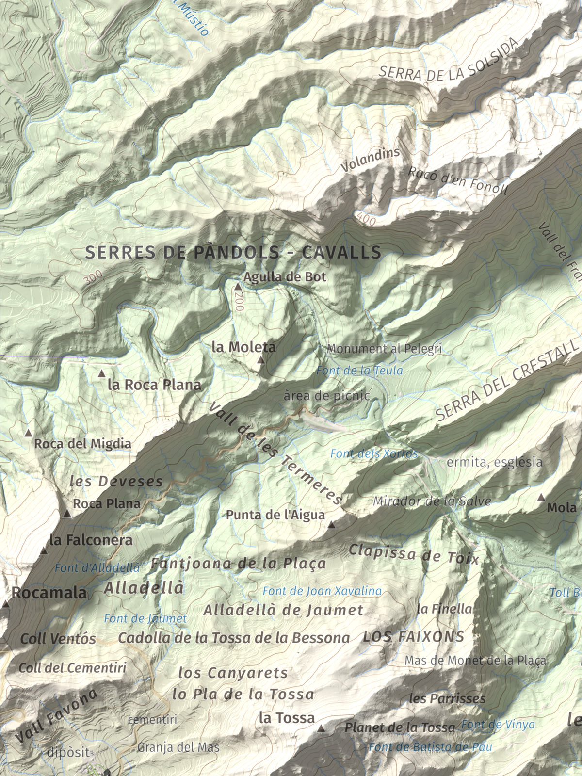 Mapa topográfico del relieve: Puig Cavaller, 706 m. Detalle de la zona inferior izquierda. 30 × 40 cm.