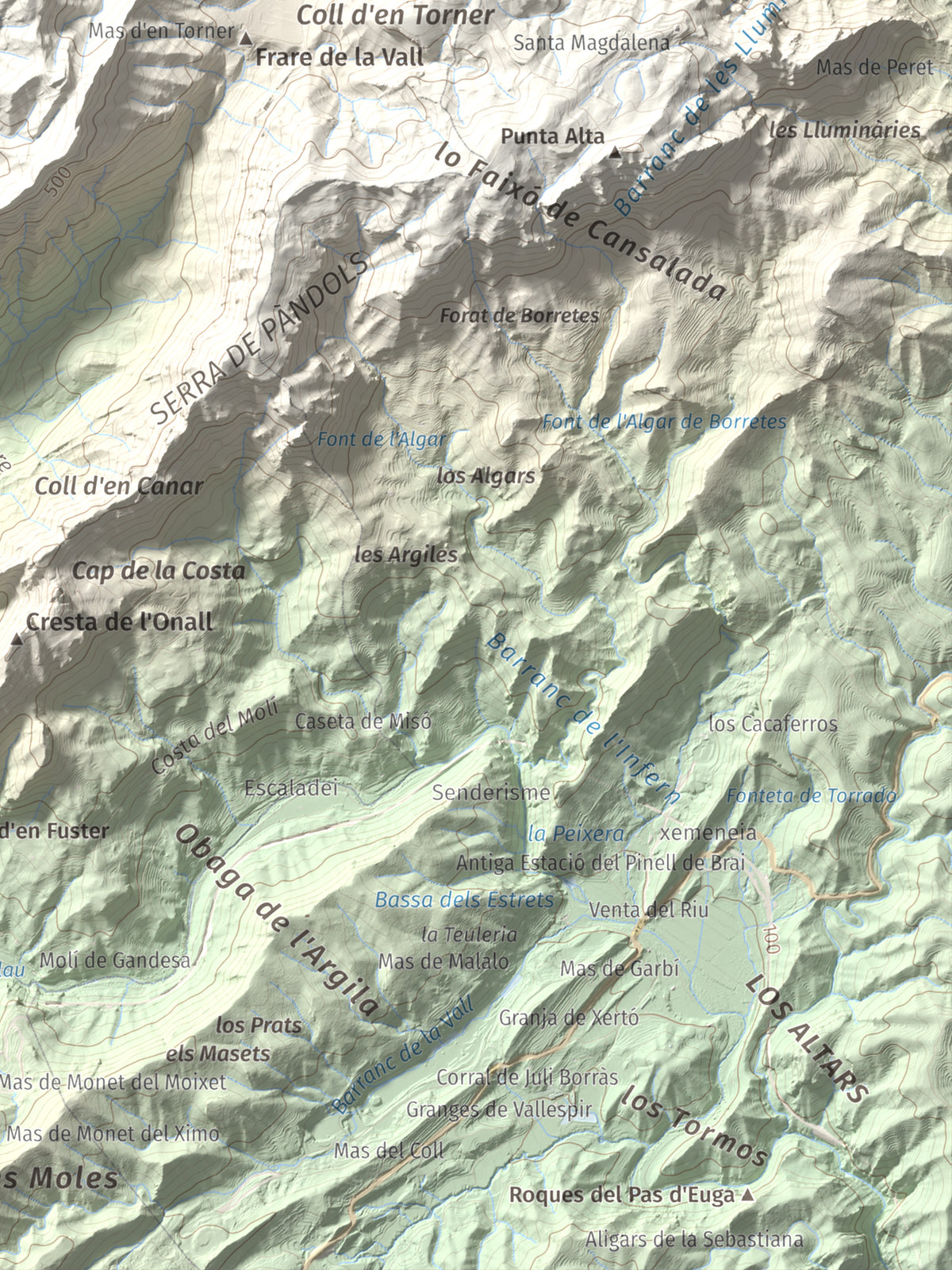 Mapa topográfico del relieve: Puig Cavaller, 706 m. Detalle de la zona inferior derecha. 30 × 40 cm.