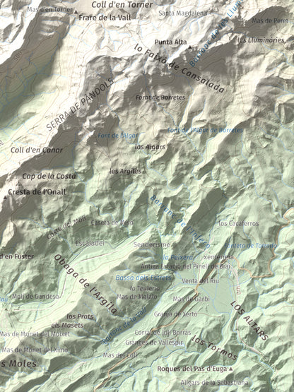 Mapa topográfico del relieve: Puig Cavaller, 706 m. Detalle de la zona inferior derecha. 30 × 40 cm.