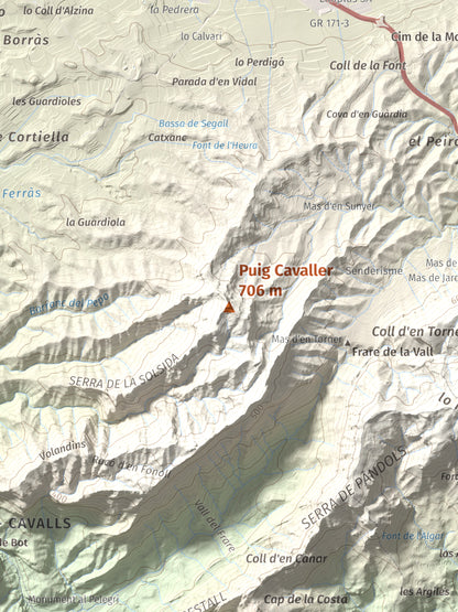Mapa topográfico del relieve: Puig Cavaller, 706 m. Detalle de la zona central. 30 × 40 cm.