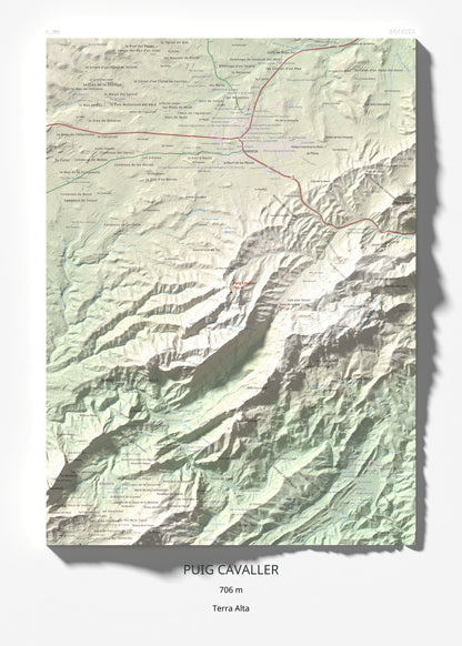 Mapa topográfico del relieve: Puig Cavaller, 706 m. Lámina completa. 50 × 70 cm.