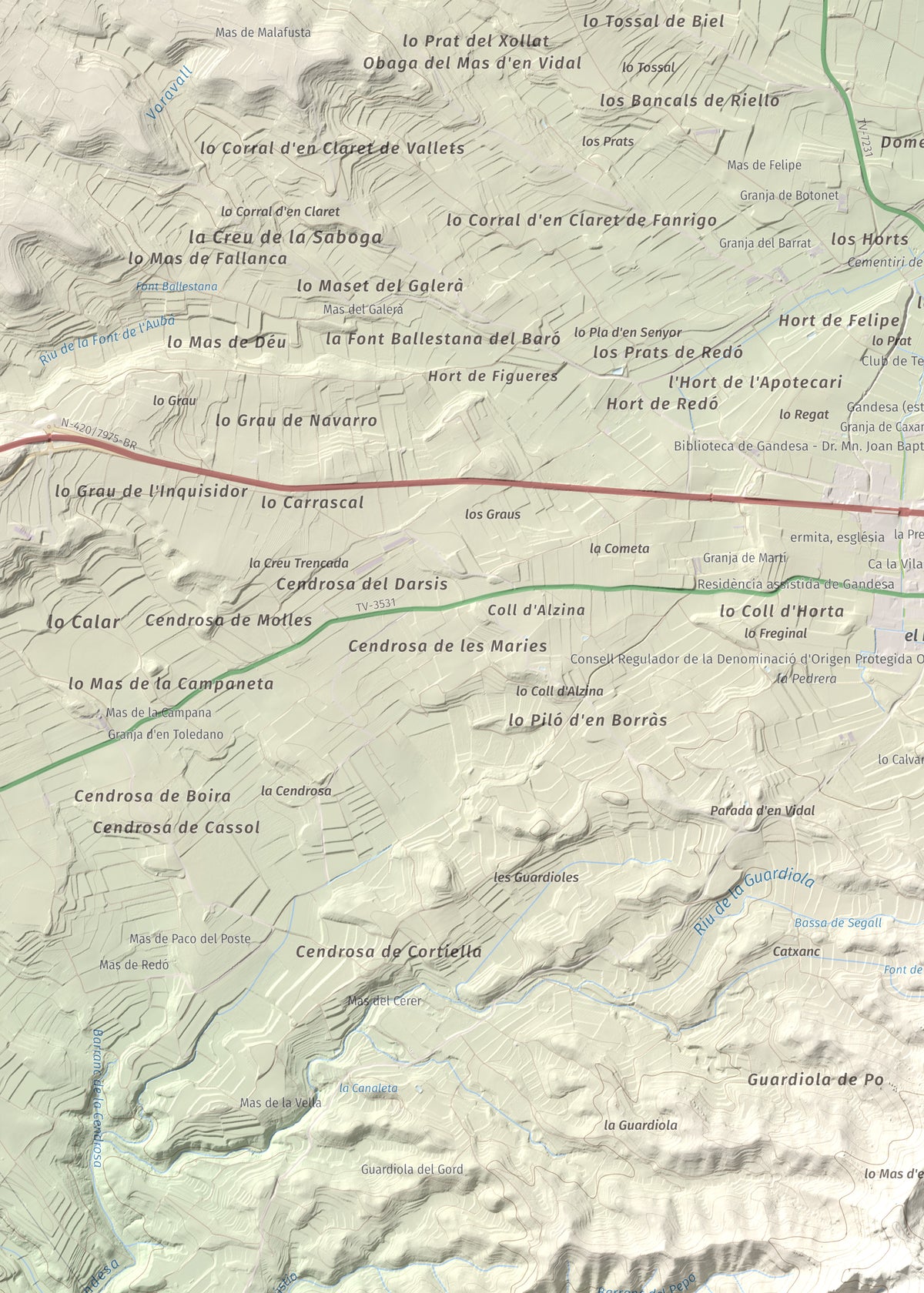 Mapa topográfico del relieve: Puig Cavaller, 706 m. Detalle de la zona superior izquierda. 50 × 70 cm.