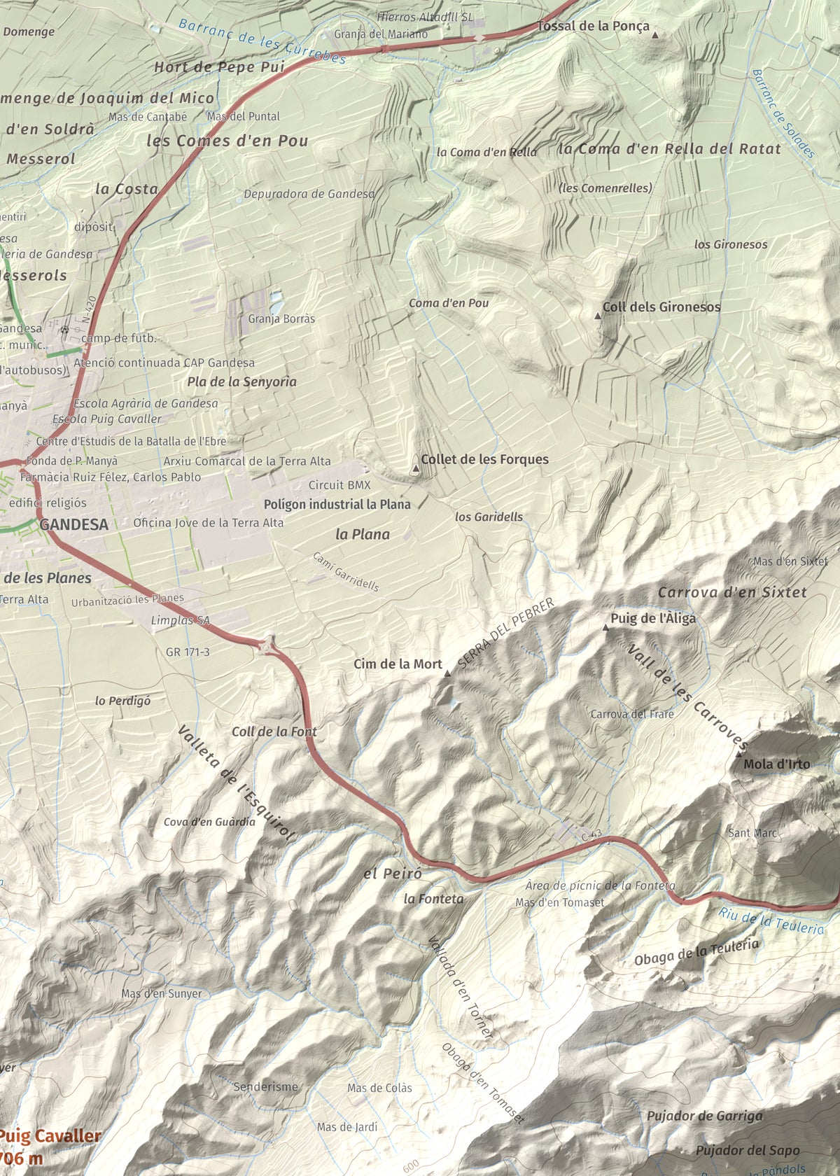 Mapa topográfico del relieve: Puig Cavaller, 706 m. Detalle de la zona superior derecha. 50 × 70 cm.