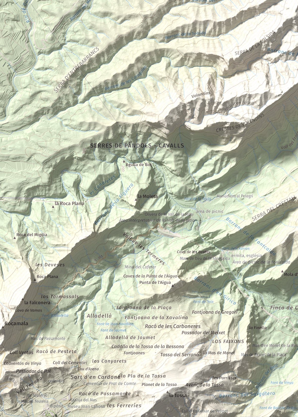 Mapa topográfico del relieve: Puig Cavaller, 706 m. Detalle de la zona inferior izquierda. 50 × 70 cm.