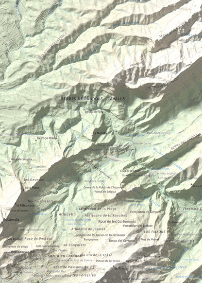 Mapa topográfico del relieve: Puig Cavaller, 706 m. Detalle de la zona inferior izquierda. 50 × 70 cm.
