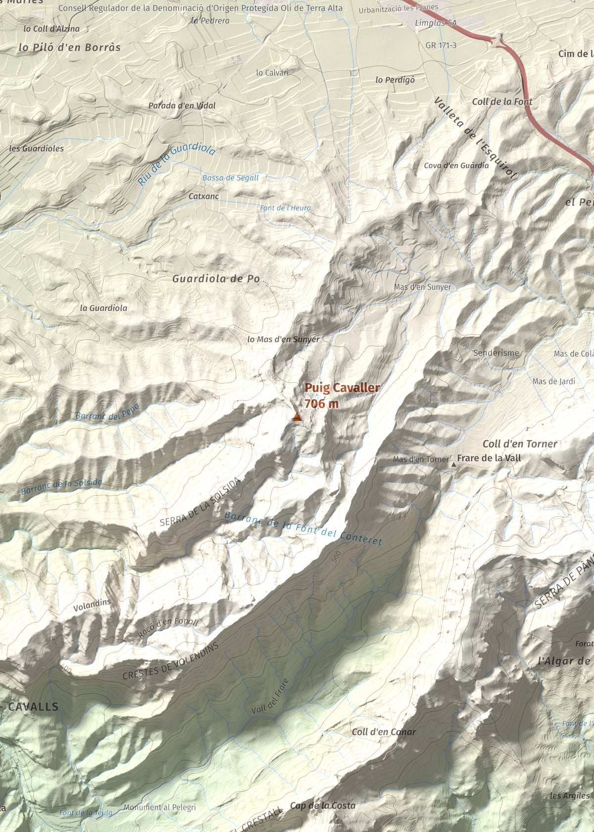 Mapa topográfico del relieve: Puig Cavaller, 706 m. Detalle de la zona central. 50 × 70 cm.