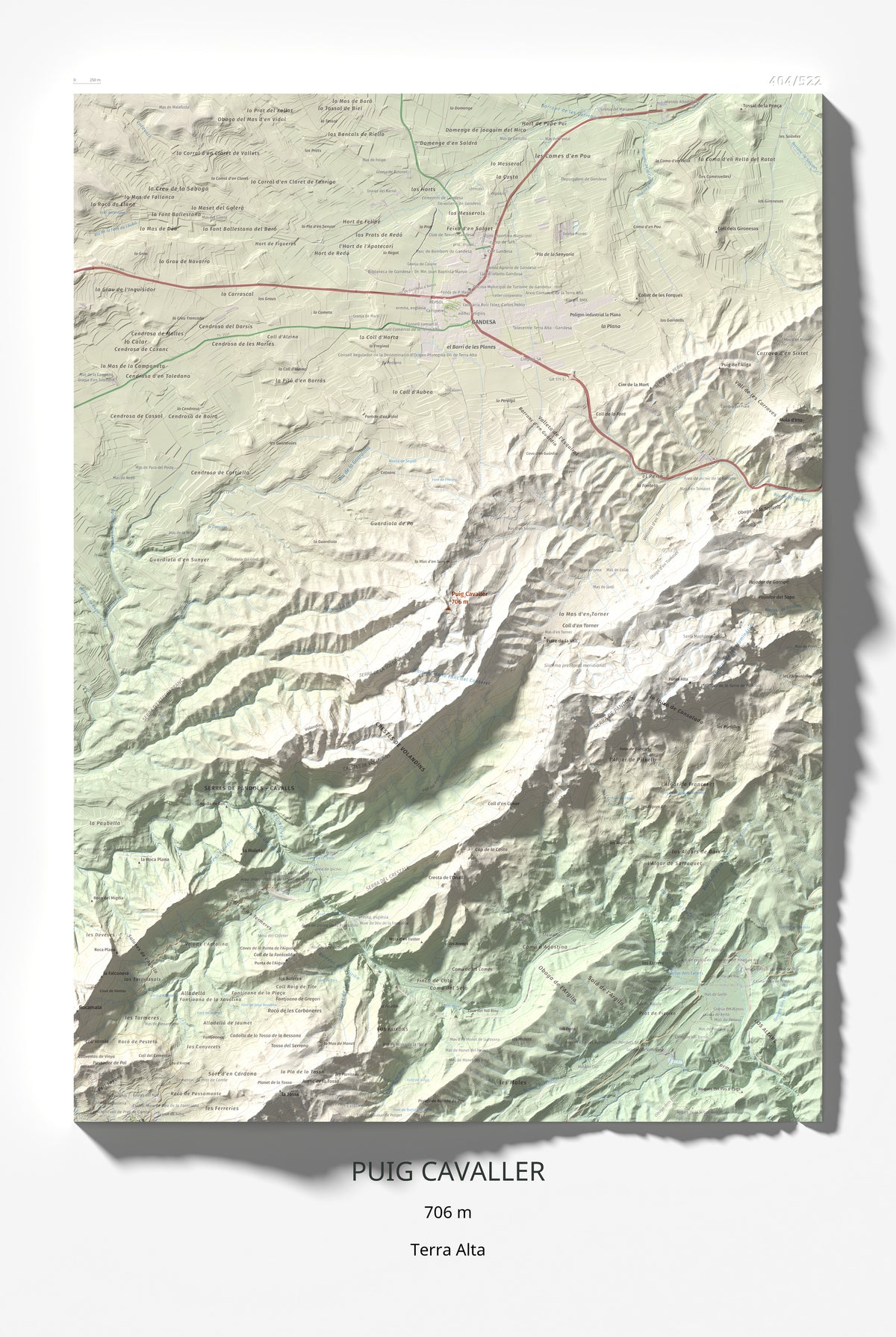 Mapa topográfico del relieve: Puig Cavaller, 706 m. Lámina completa. 61 × 91 cm.