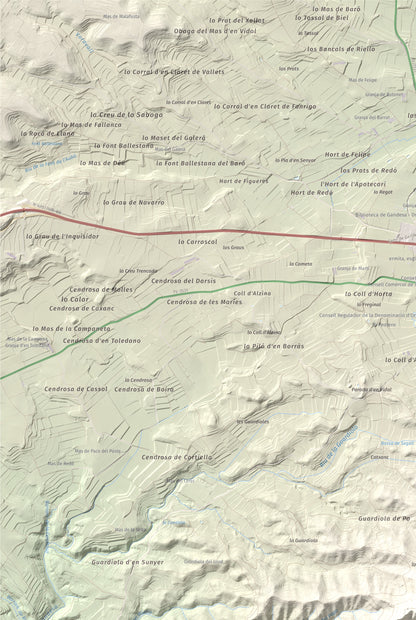 Mapa topográfico del relieve: Puig Cavaller, 706 m. Detalle de la zona superior izquierda. 61 × 91 cm.