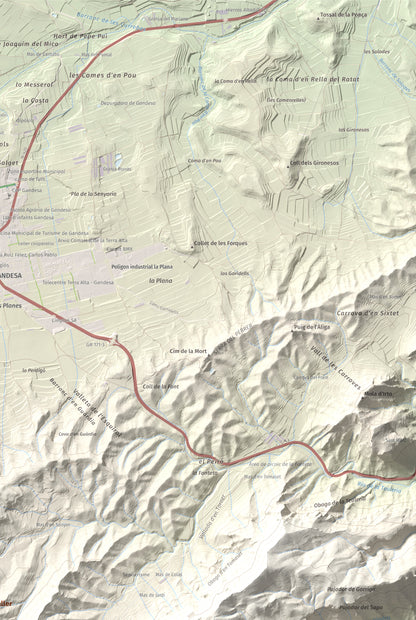 Mapa topográfico del relieve: Puig Cavaller, 706 m. Detalle de la zona superior derecha. 61 × 91 cm.