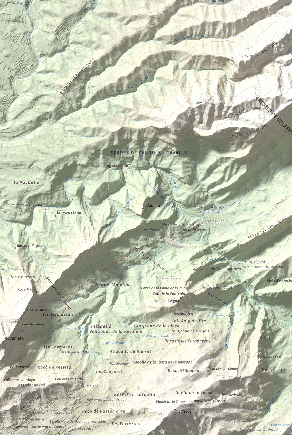 Mapa topográfico del relieve: Puig Cavaller, 706 m. Detalle de la zona inferior izquierda. 61 × 91 cm.