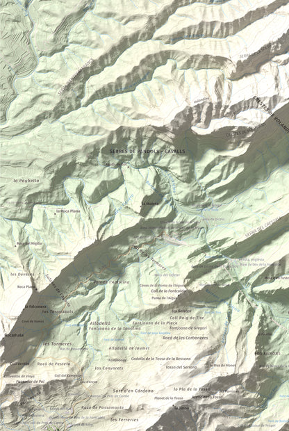 Mapa topográfico del relieve: Puig Cavaller, 706 m. Detalle de la zona inferior izquierda. 61 × 91 cm.