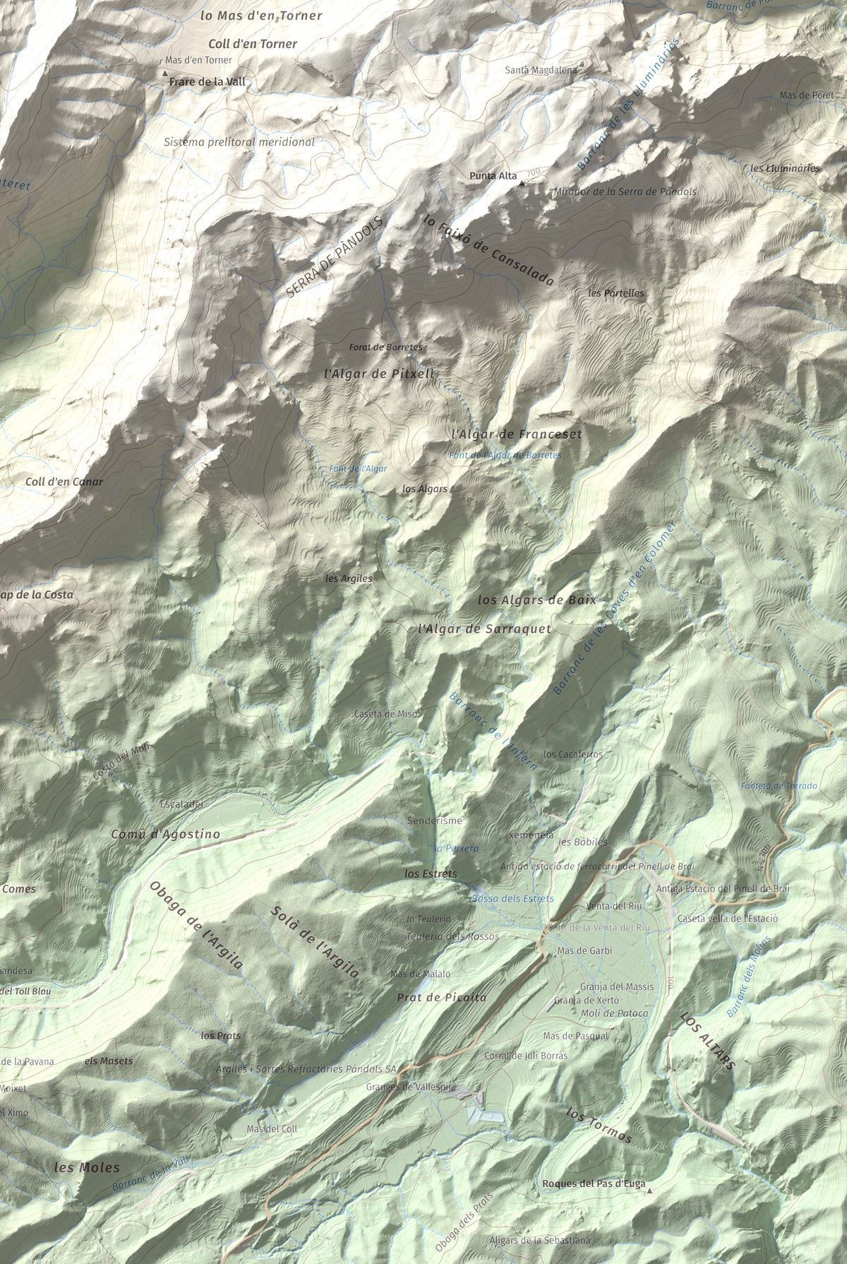 Mapa topográfico del relieve: Puig Cavaller, 706 m. Detalle de la zona inferior derecha. 61 × 91 cm.