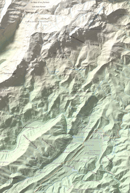 Mapa topográfico del relieve: Puig Cavaller, 706 m. Detalle de la zona inferior derecha. 61 × 91 cm.