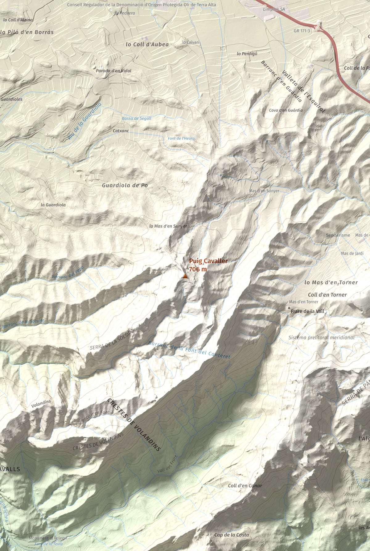 Mapa topográfico del relieve: Puig Cavaller, 706 m. Detalle de la zona central. 61 × 91 cm.