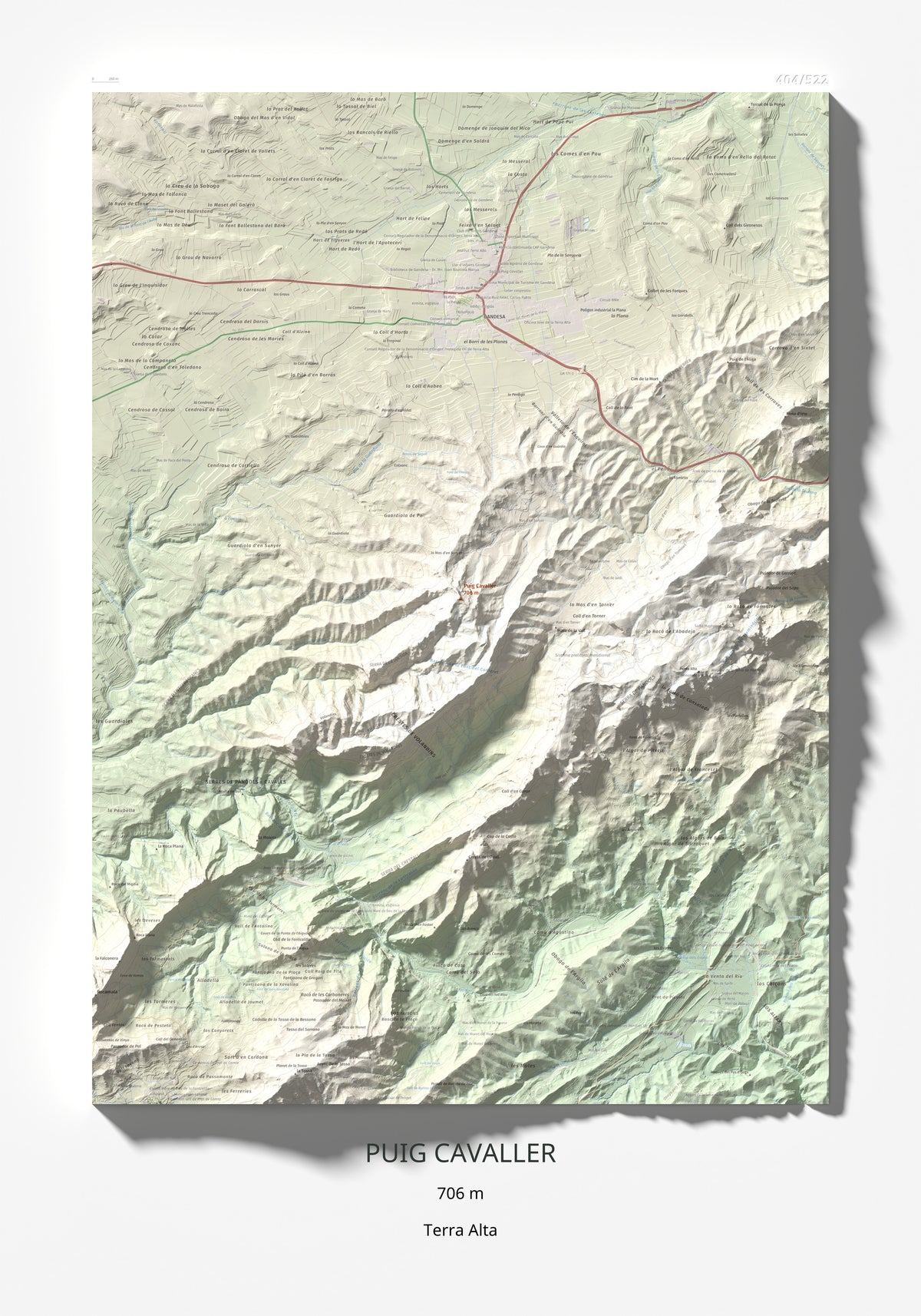 Mapa topográfico del relieve: Puig Cavaller, 706 m. Lámina completa. 70 × 100 cm.