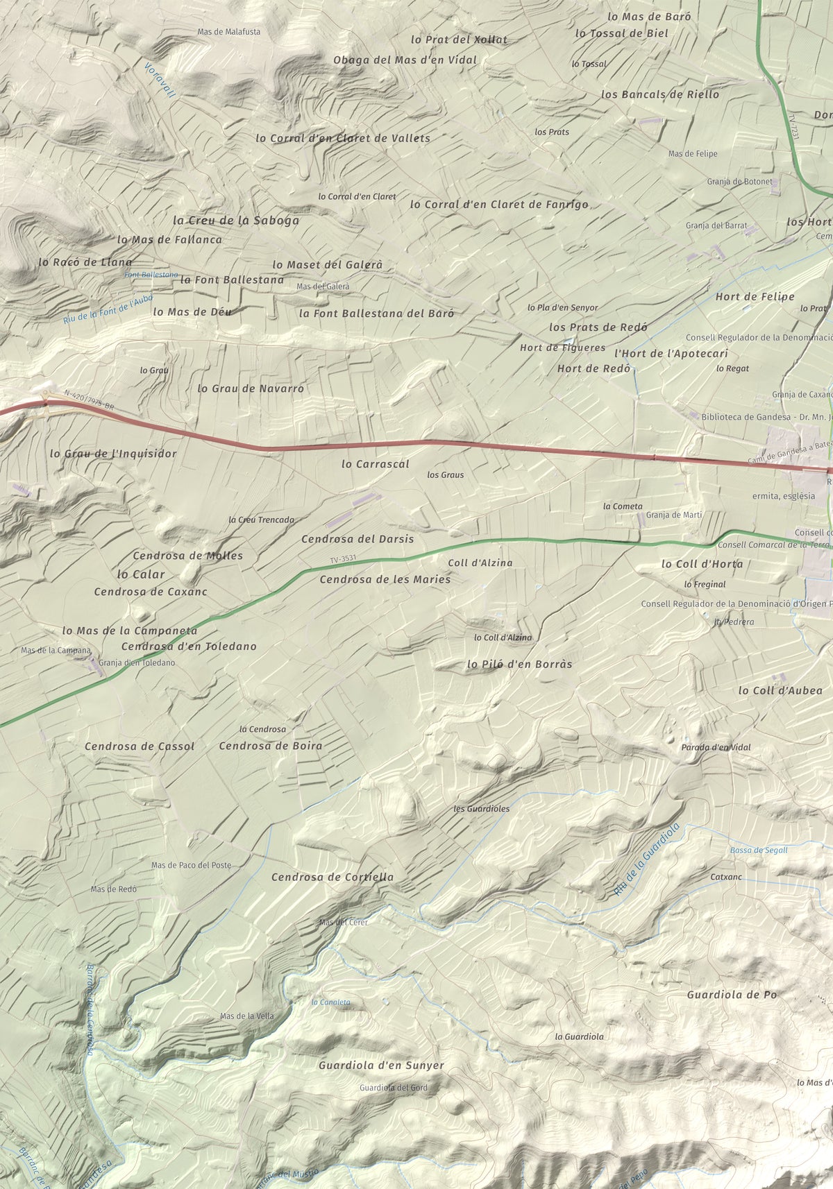 Mapa topográfico del relieve: Puig Cavaller, 706 m. Detalle de la zona superior izquierda. 70 × 100 cm.