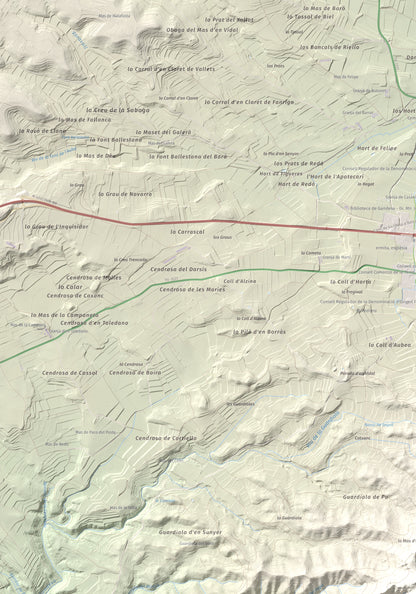 Mapa topográfico del relieve: Puig Cavaller, 706 m. Detalle de la zona superior izquierda. 70 × 100 cm.